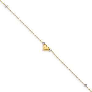 14k Yellow and White Gold Puffed Heart and Bead Anklet, 10 Inch